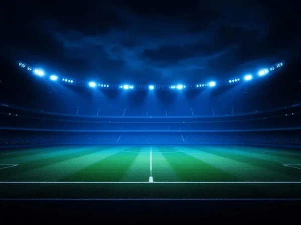 夜间足球场灯光照射下的比赛场景展示欧赔投注环境